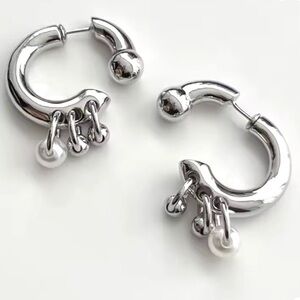 Anthropologie Earrings Silver Hoop Front Back Faux Baroque Pearl JA08